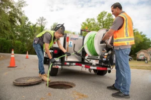 An image showing a plumber using a hydro jet to clean a drain in a commercial property