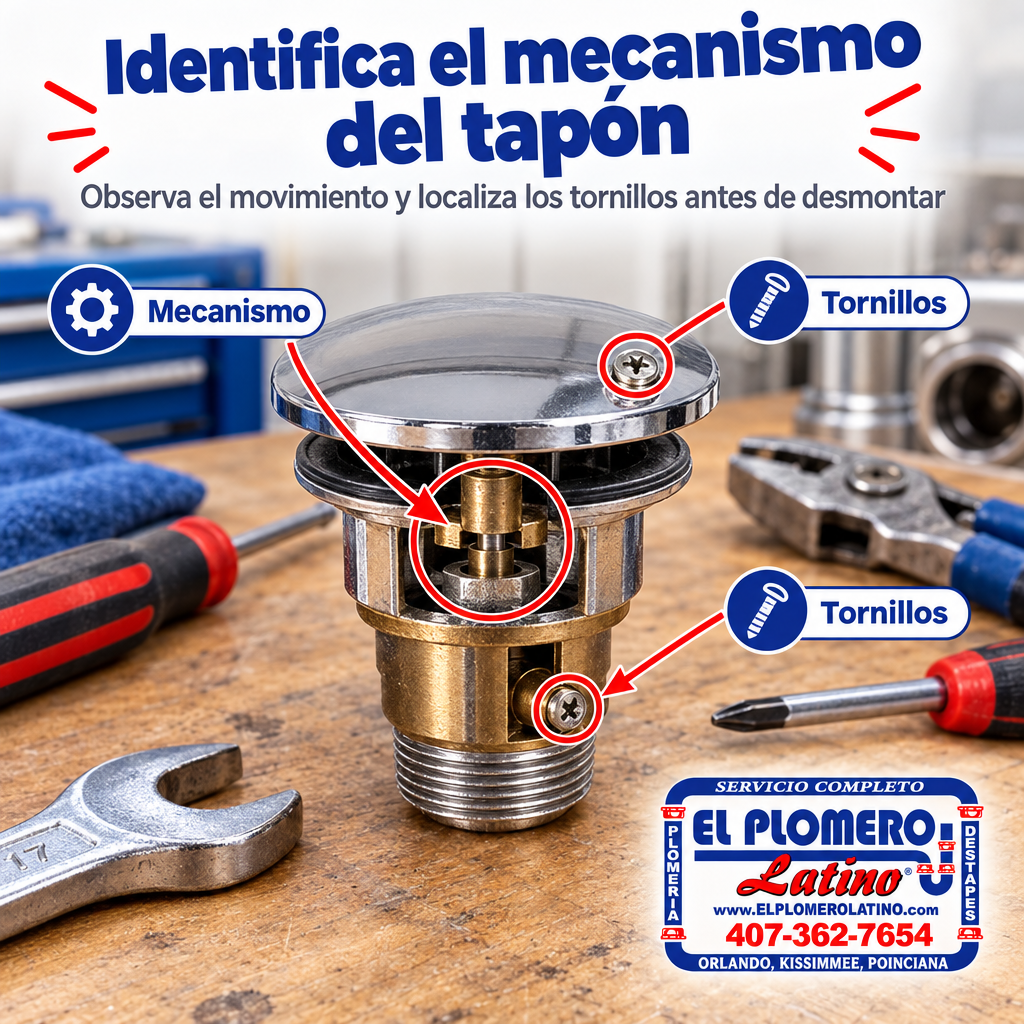 Diagrama de cuatro mecanismos comunes de tapón de bañera y sus puntos de fijación