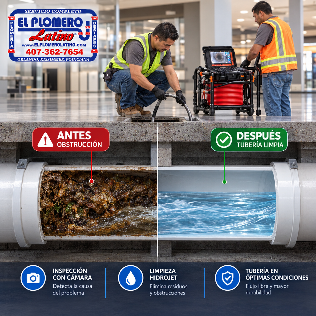 Comparación visual entre un drenaje comercial obstruido y una tubería despejada