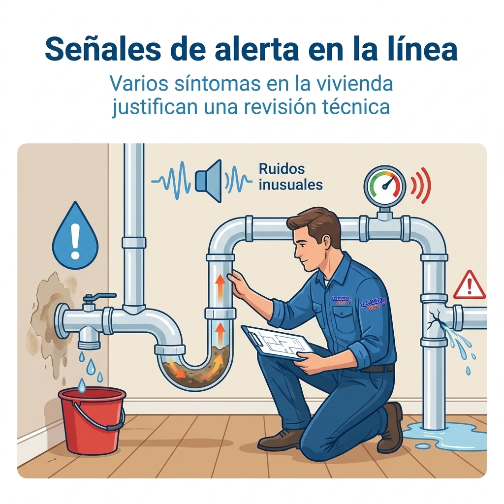 Infografía con señales visuales de posibles problemas en una línea de alcantarillado