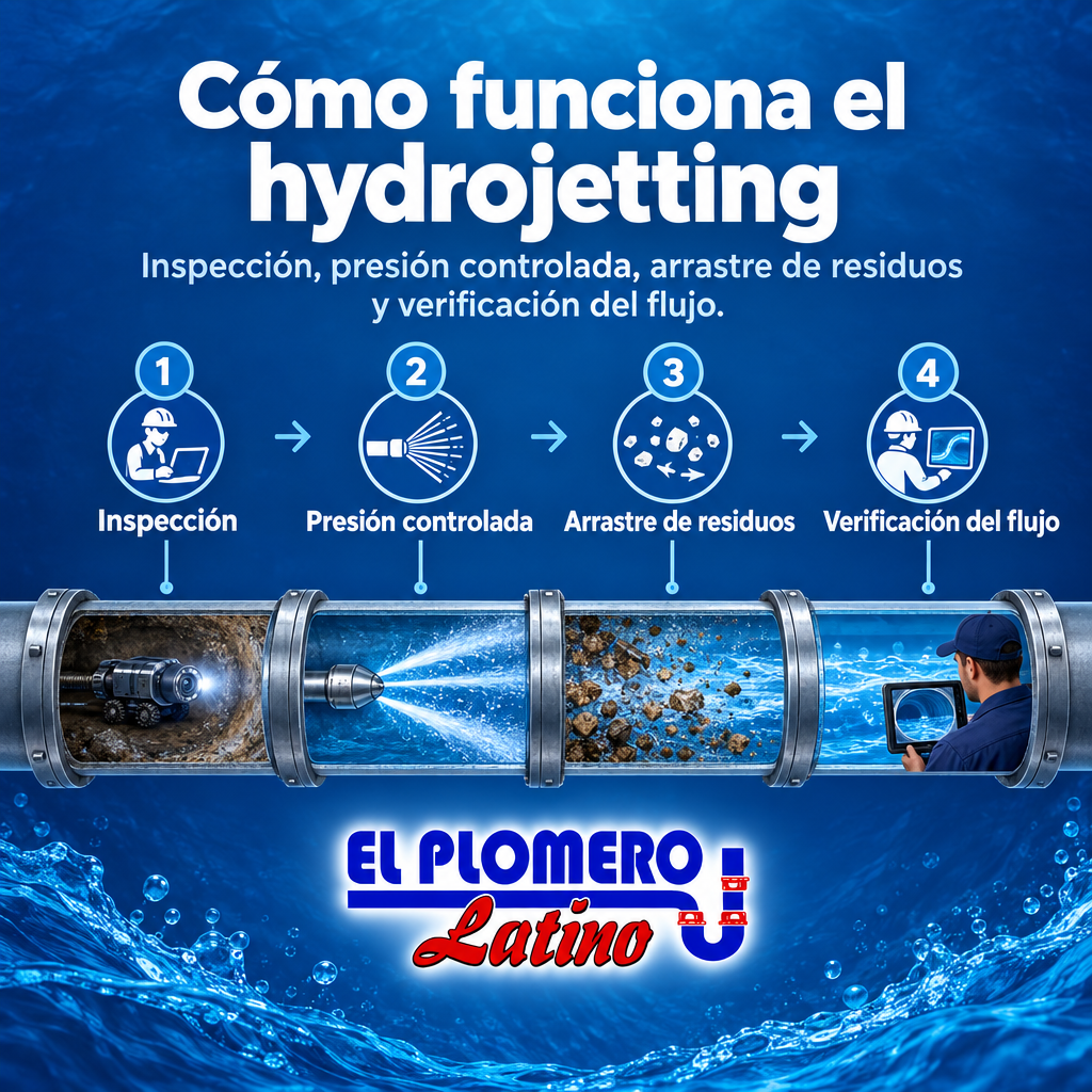 Infografía de cuatro etapas de una limpieza de tubería con agua a alta presión