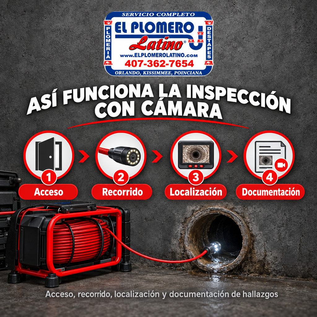 Infografía con las etapas de una inspección de tuberías con cámara