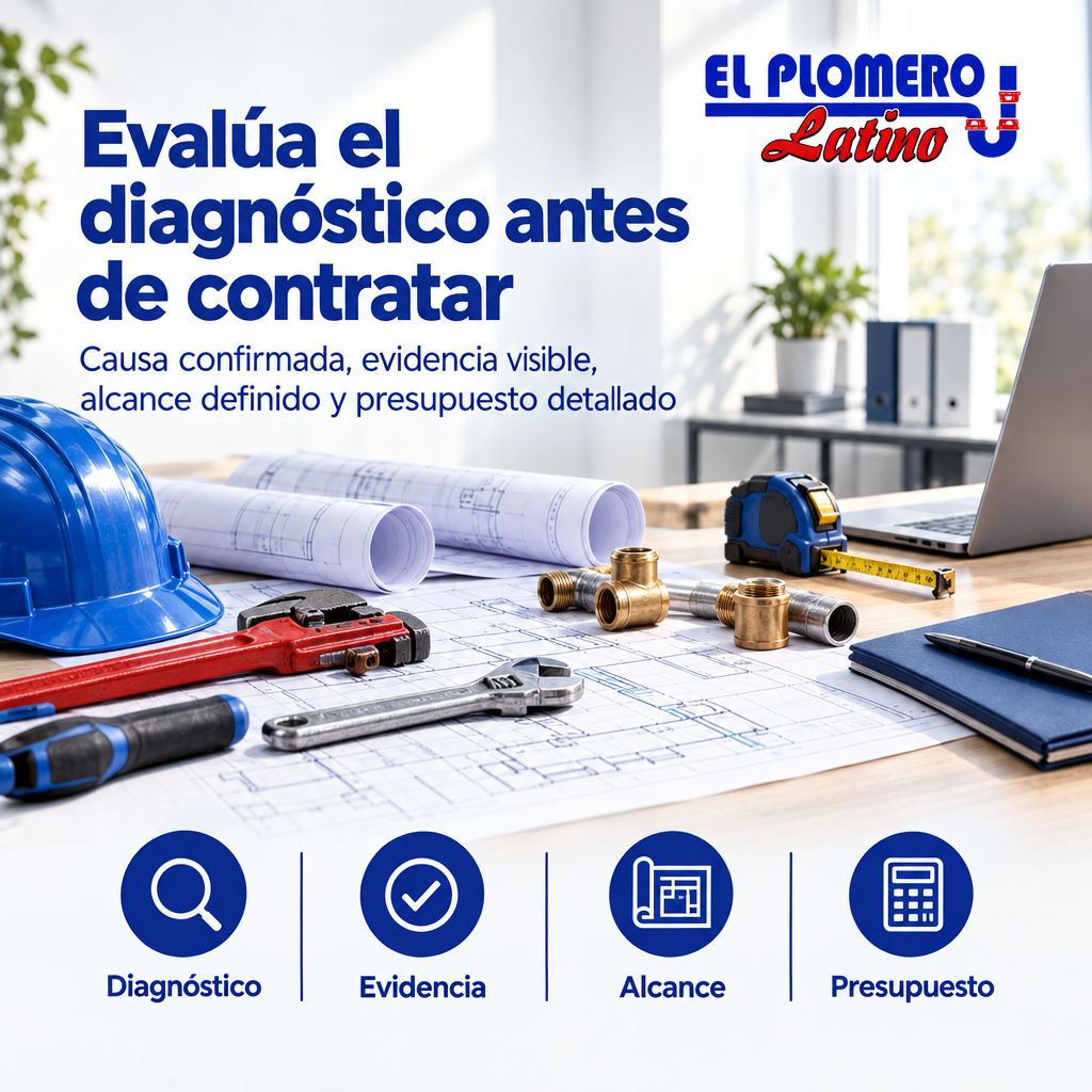 Infografía con cuatro criterios para evaluar un diagnóstico y presupuesto de plomería comercial